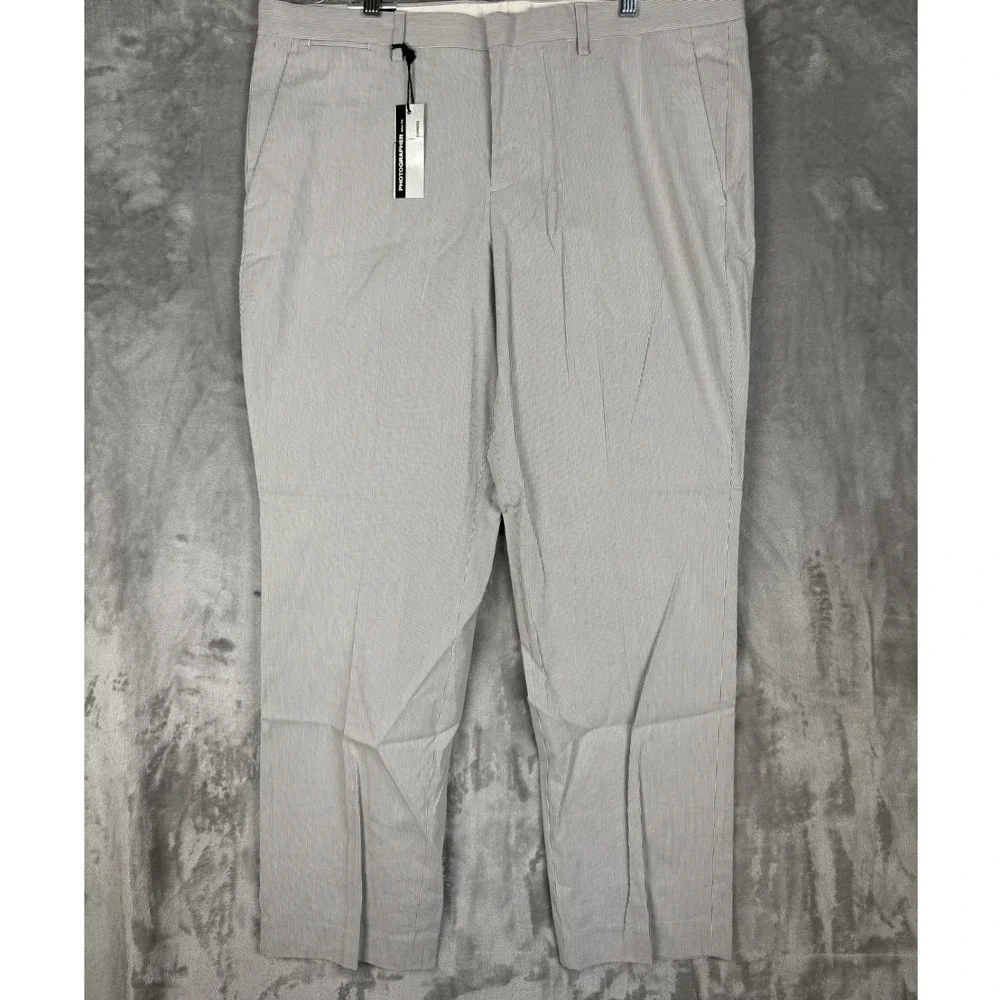 Express Photographer Slim Fit Straight Leg Seersucker Pants 36x30 Gray‎ White